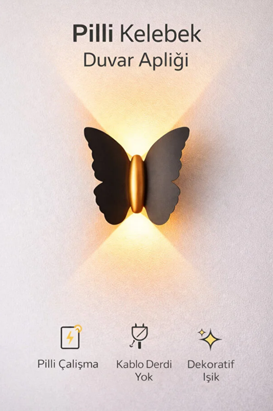 Pilli Kelebek LED Duvar Apliği | Kablosuz Dekoratif Aydınlatma | Sarı Işık