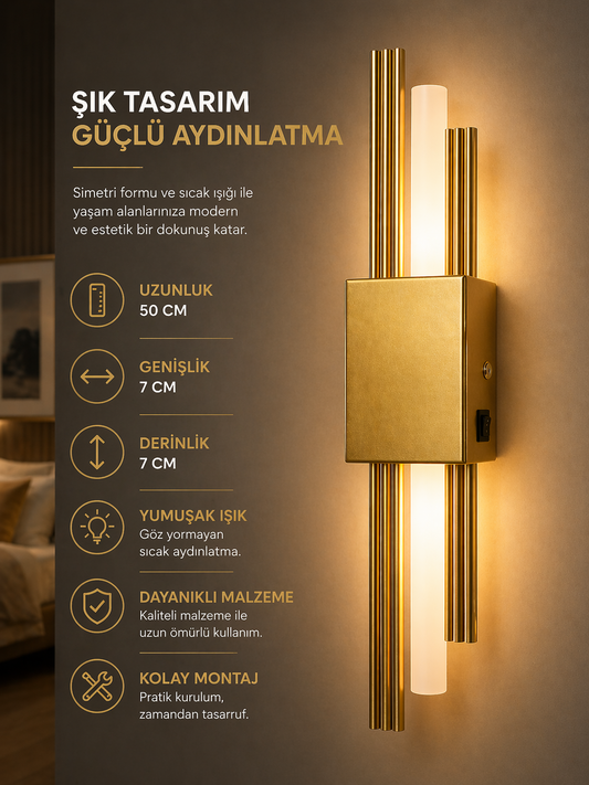 Simetri LED Duvar Apliği | Pilli & Elektrikli Çift Kullanım | Anahtarlı | Gold & Siyah Kasa | Dekoratif Aydınlatma