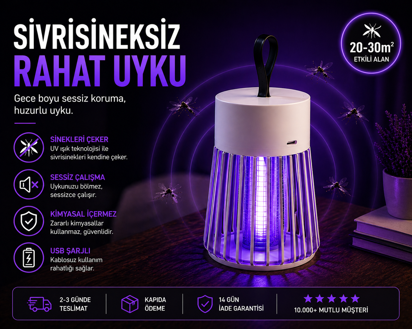 Şarjlı Sivrisinek Lambası – Sessiz UV Tuzak, Kablosuz Gece Koruma