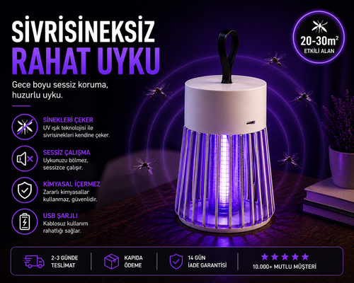Şarjlı Sivrisinek Lambası – Sessiz UV Tuzak, Kablosuz Gece Koruma