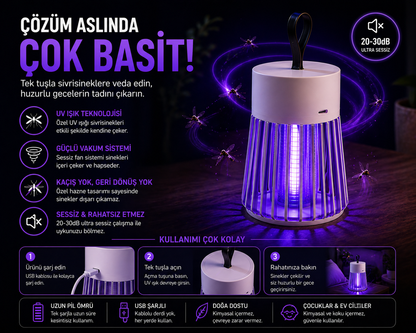 Şarjlı Sivrisinek Lambası – Sessiz UV Tuzak, Kablosuz Gece Koruma