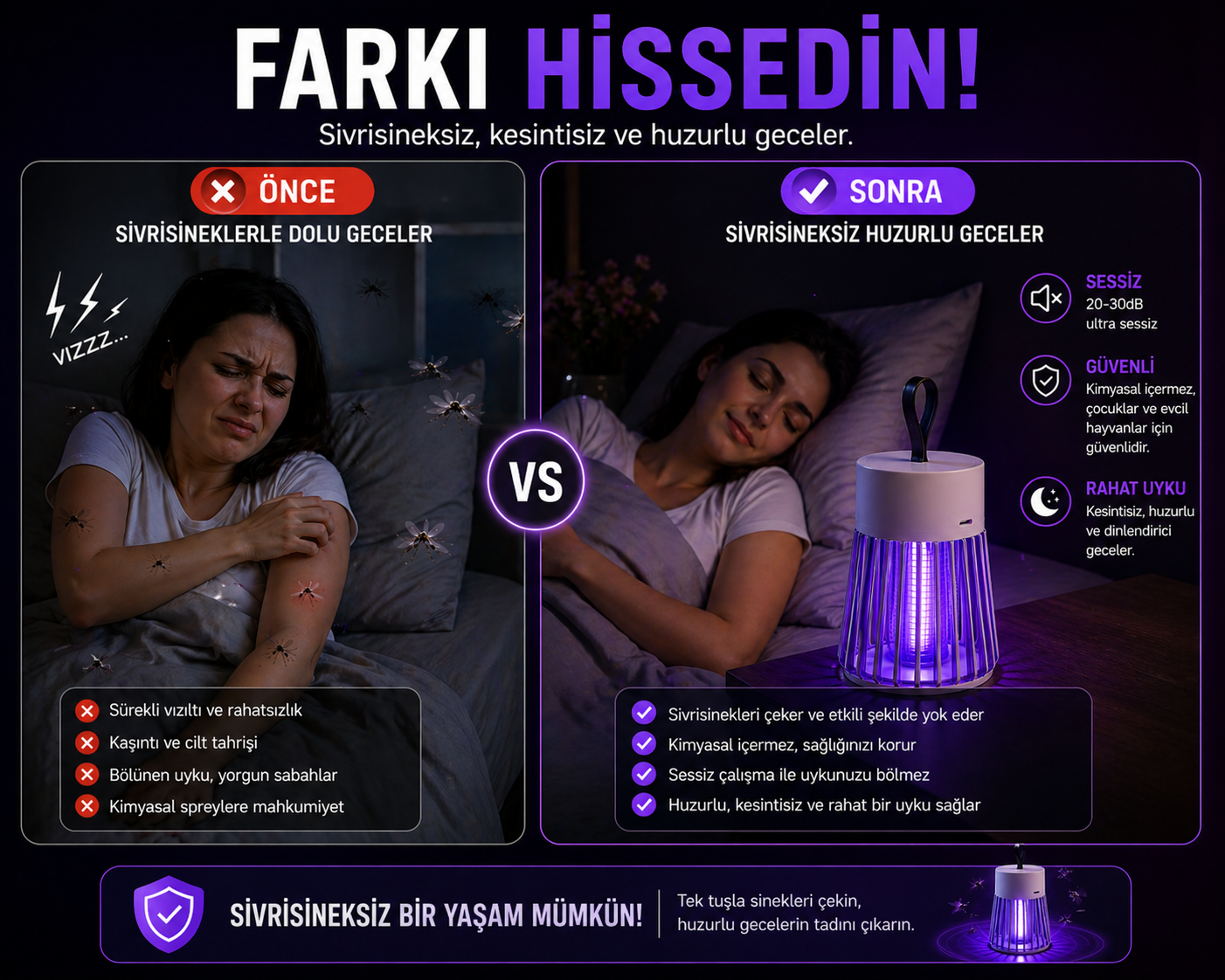 Şarjlı Sivrisinek Lambası – Sessiz UV Tuzak, Kablosuz Gece Koruma